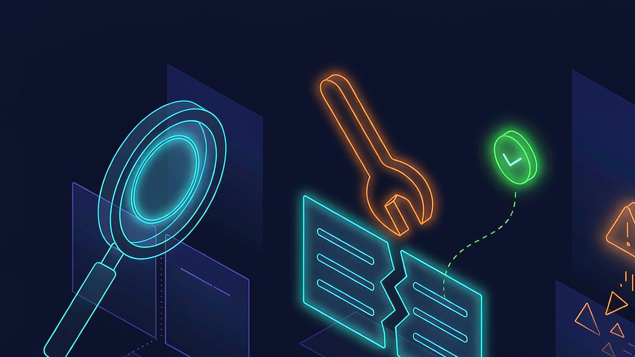 Concept illustration of a magnifying glass and wrench repairing a cracked code block until a check badge appears.