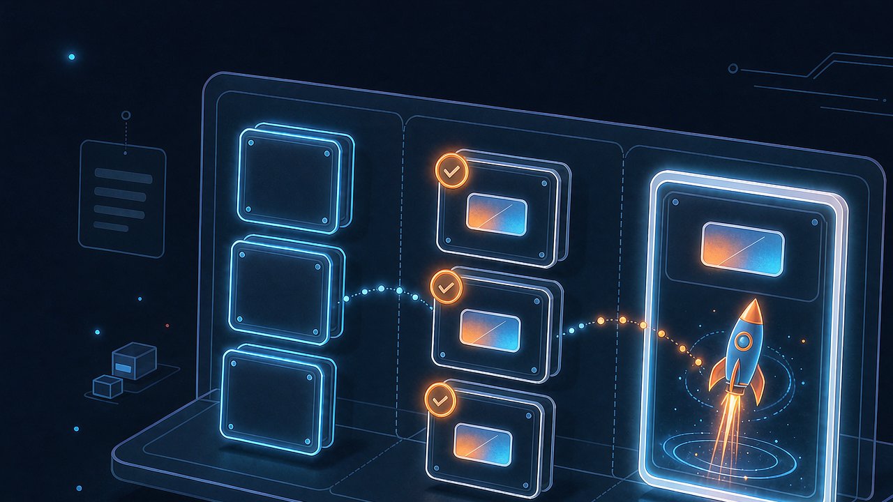 Concept illustration of work cards moving through a delivery board toward a launch.