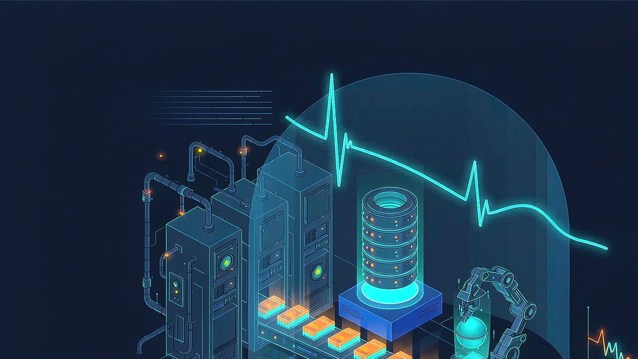 Concept illustration of servers, a database cylinder, and a job queue under a protective dome with a heartbeat line.