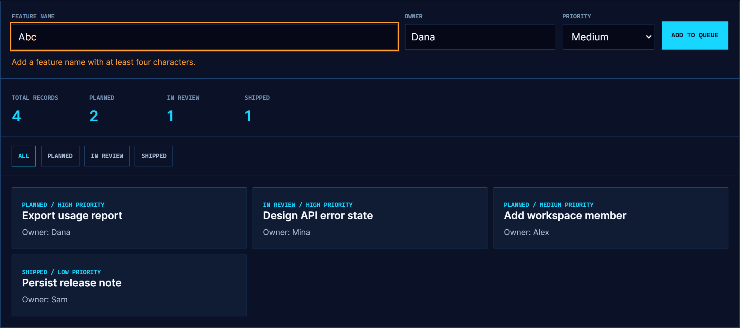 Screenshot of the release planner demo with a visible validation error under the form while the existing feature records remain listed.