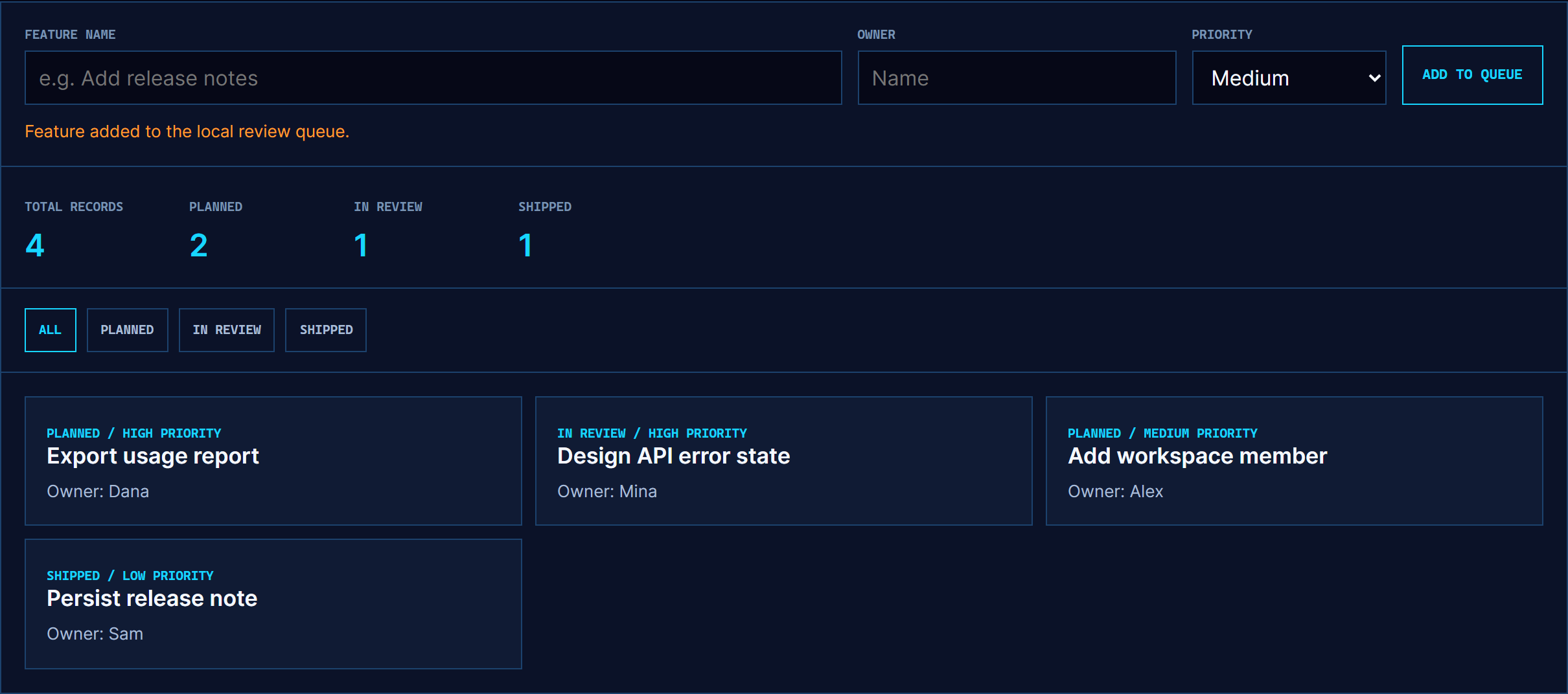 Screenshot of the release planner demo with a freshly added feature record and the confirmation message visible.