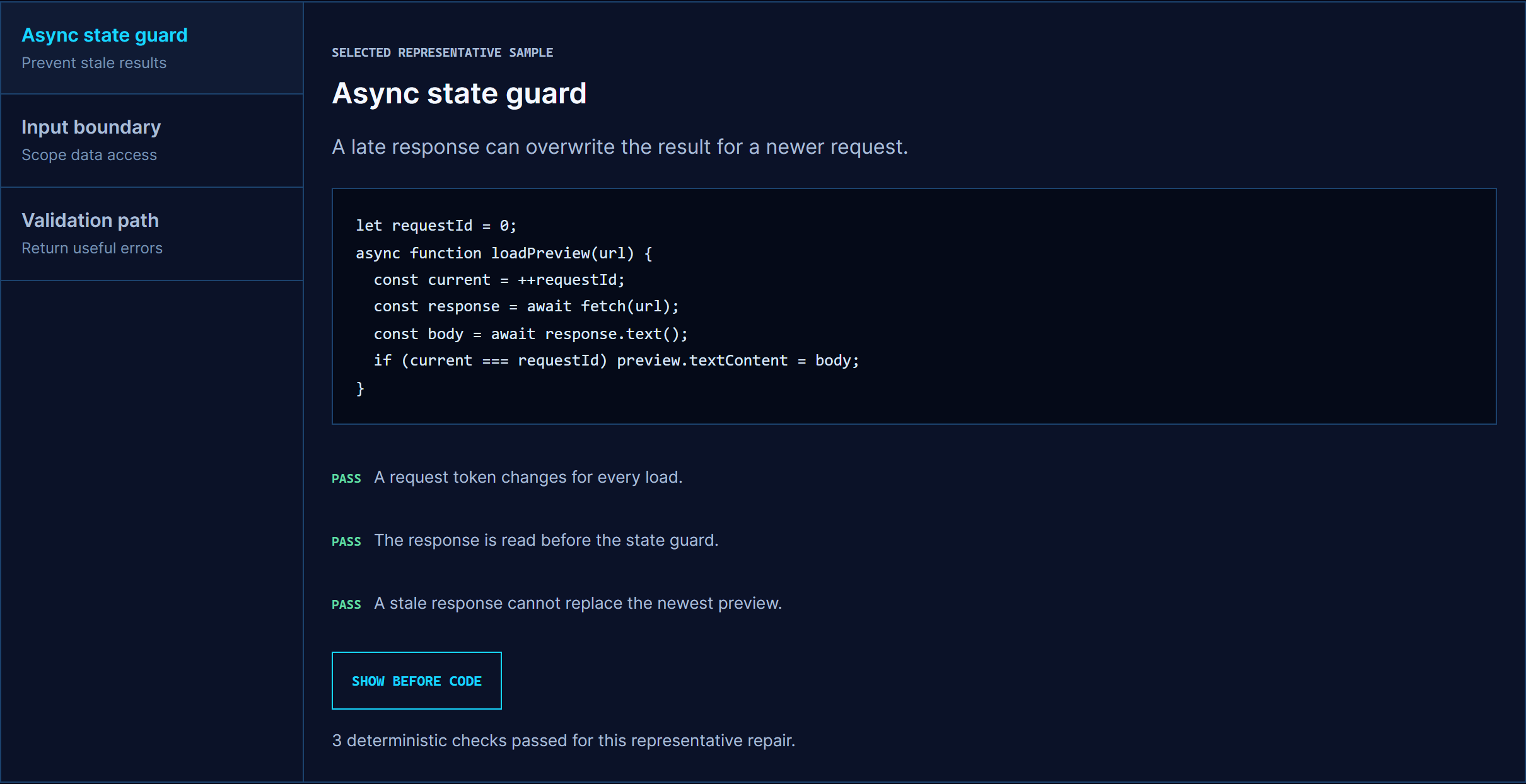 Screenshot of the code repair desk demo showing the repaired async state guard sample and its deterministic checks passing.